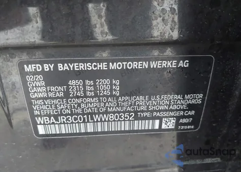 2020 BMW 530I from USA, damaged, VIN WBAJR3C01LWW80352